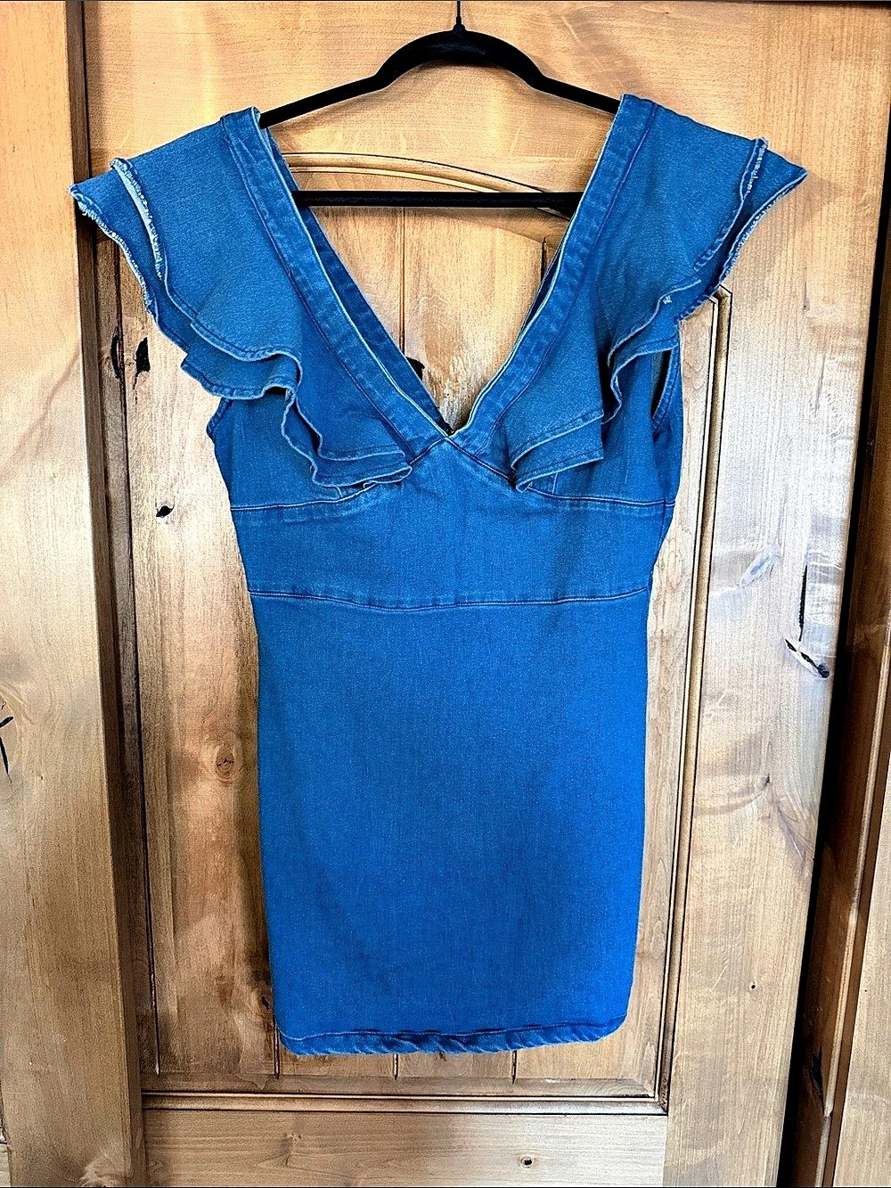 Flying Tomato V-Neck Ruffle Denim Mini Dress Blue